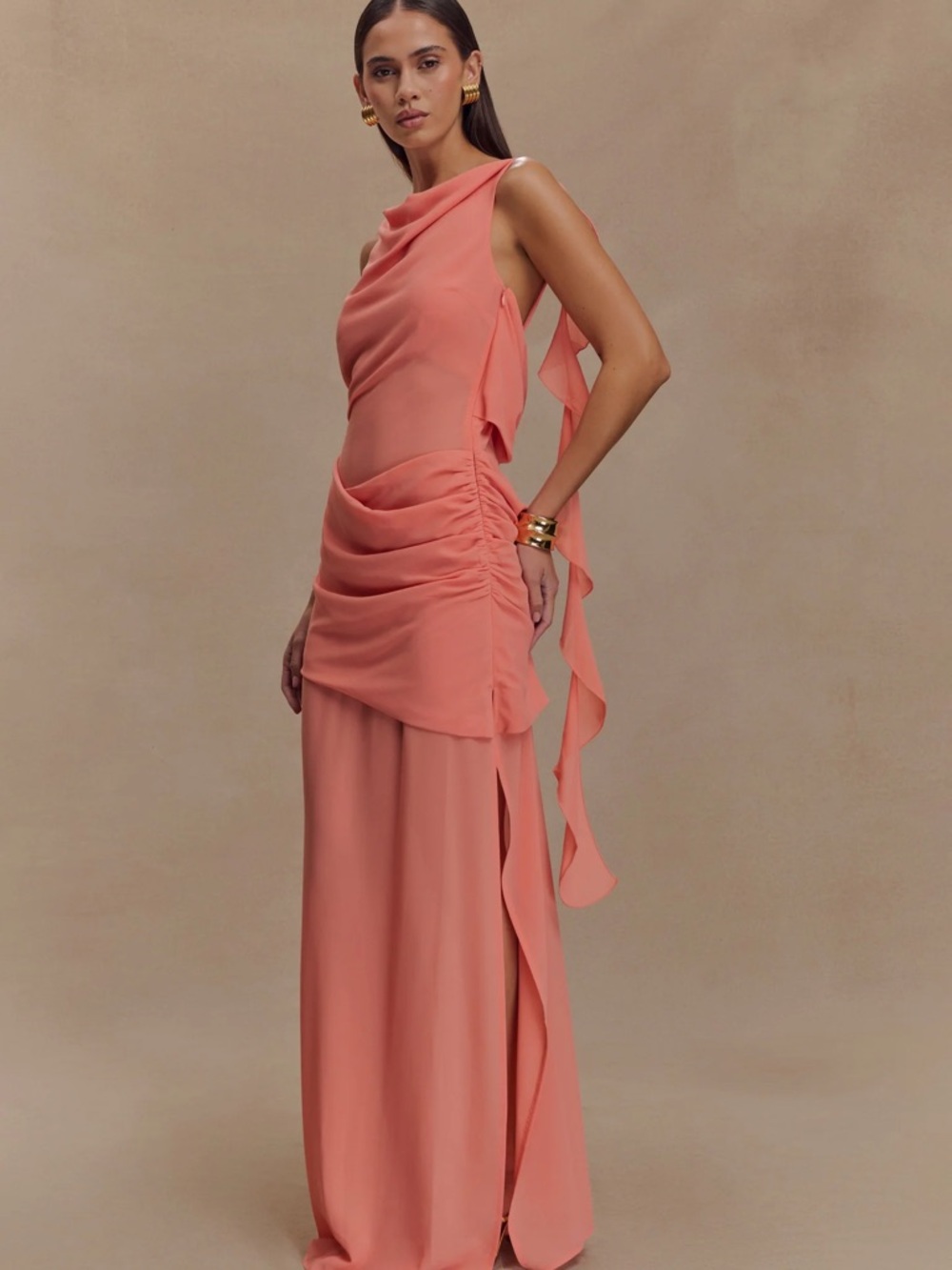 Meshki Draped Chiffon Maxi Dress - Pastel Nectarine - Picture 4 of 4
